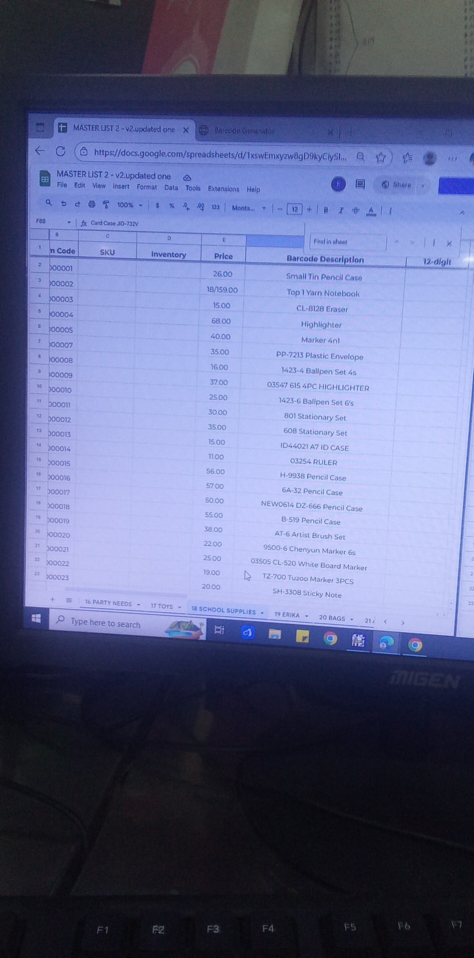 Inventory master list with product descriptions and prices being encoded